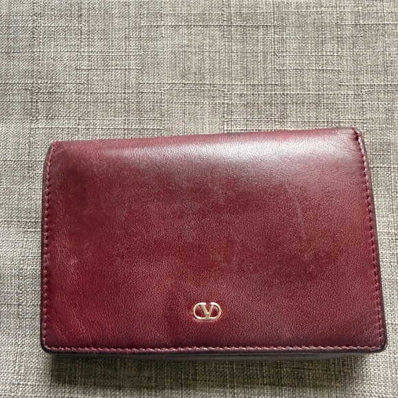 Valentino Accessories - Valentino Deep Burgundy Leather Card Case with Gold V Logo
